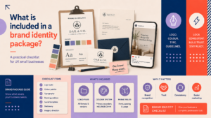Brand identity package checklist for UK small businesses showing logo files, colour palette, typography, brand guidelines, stationery and social media templates.