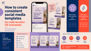 Consistent social media templates for multi-location UK businesses showing branded post variations for London, Manchester and Birmingham.
