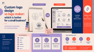 Custom logo design compared with an online logo maker, covering originality, speed, budget, scalability, ownership and long-term value.