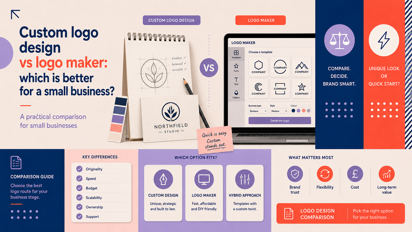 Custom logo design compared with an online logo maker, covering originality, speed, budget, scalability, ownership and long-term value.