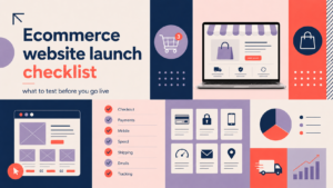 Ecommerce website launch checklist covering checkout, payments, mobile usability, site speed, shipping, emails and order tracking.