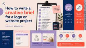 Creative brief template for a logo or website project covering goals, target audience, brand message, design requirements, references, timeline and budget.