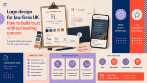 Logo design guide for UK law firms showing a distinctive legal brand identity with professional typography, restrained colours, stationery and website branding.