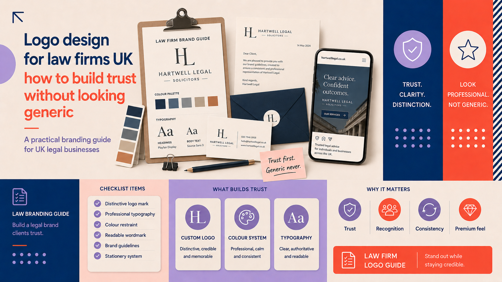 Logo design guide for UK law firms showing a distinctive legal brand identity with professional typography, restrained colours, stationery and website branding.