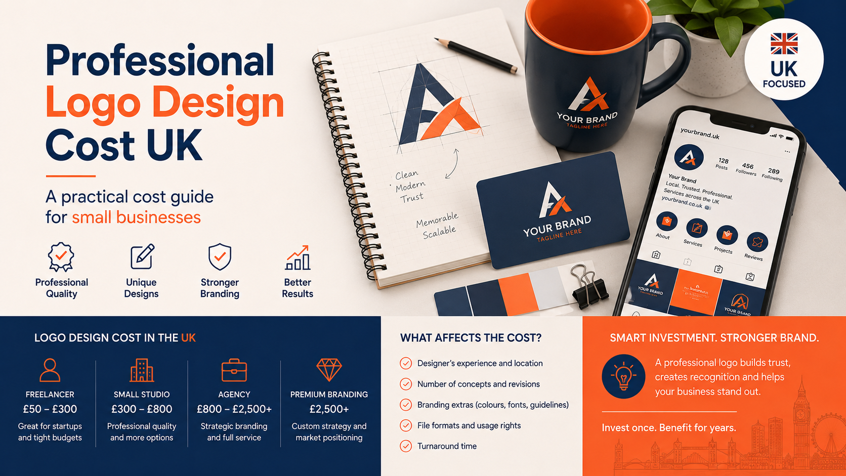 Professional logo design cost guide for UK small businesses comparing freelancer, studio, agency and premium branding price ranges.