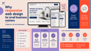 Responsive web design for a UK small business shown across desktop, tablet and mobile screens, highlighting usability, local SEO and conversions.