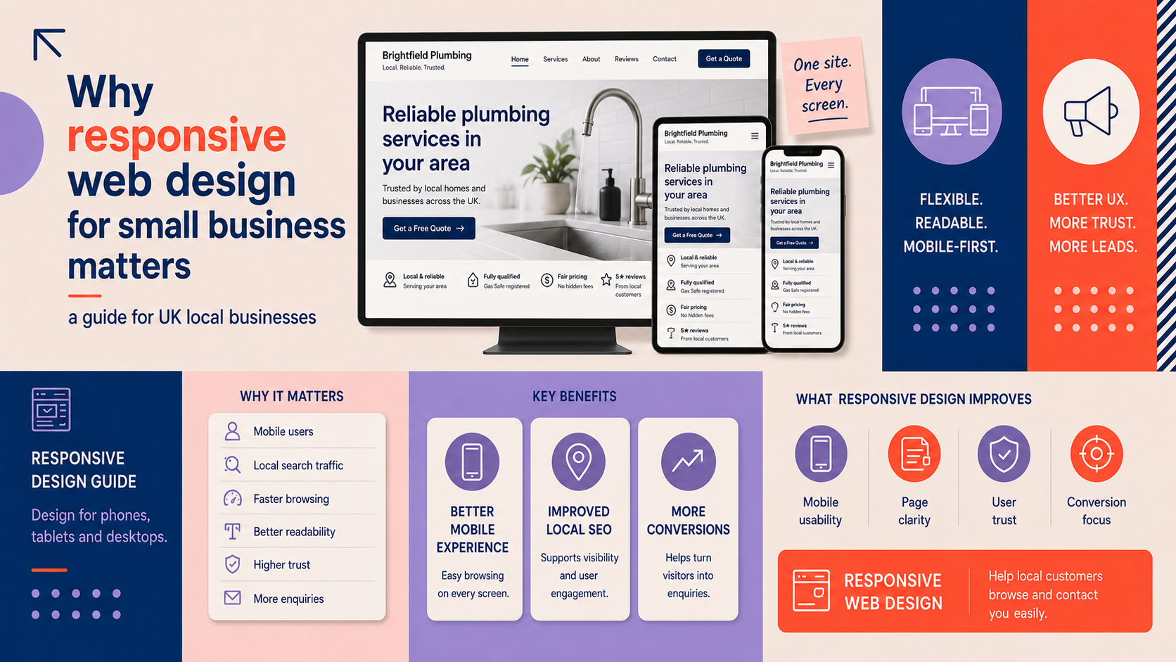 Responsive web design for a UK small business shown across desktop, tablet and mobile screens, highlighting usability, local SEO and conversions.