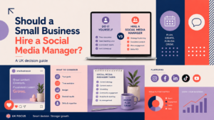 UK small business decision guide comparing managing social media in-house with hiring a professional social media manager.