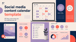Social media content calendar template for small business UK showing a monthly posting plan, content categories, checklist and performance overview.