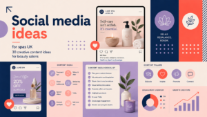 Social media ideas for UK spas and beauty salons featuring treatment tips, testimonials, offers, behind-the-scenes posts and content planning.