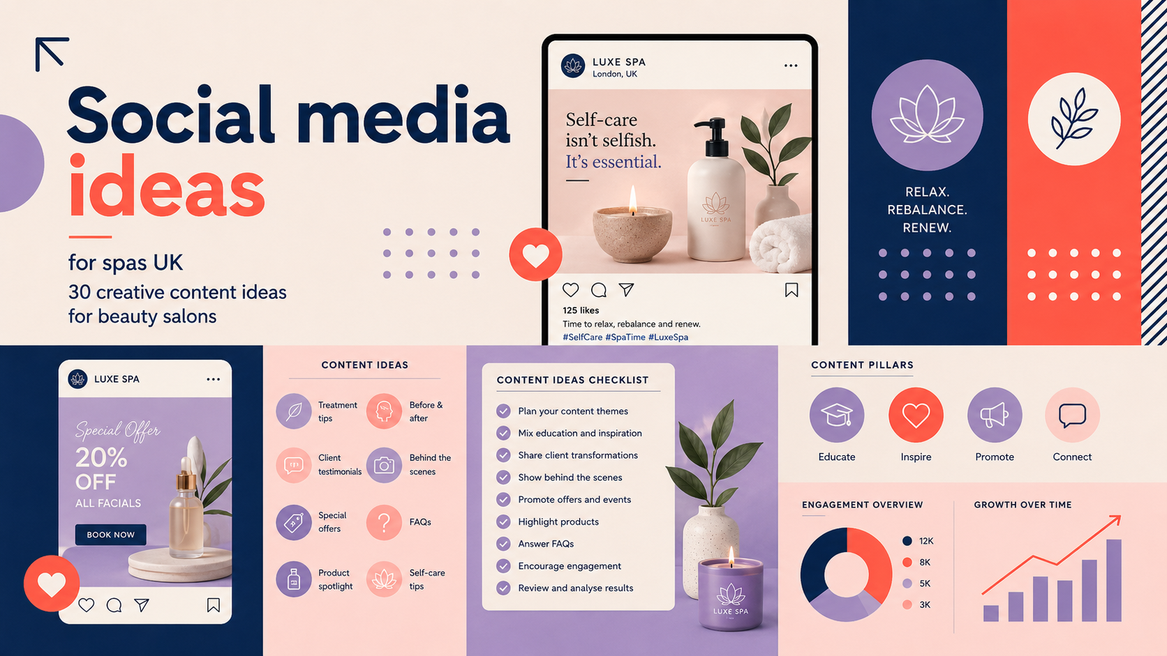 Social media ideas for UK spas and beauty salons featuring treatment tips, testimonials, offers, behind-the-scenes posts and content planning.