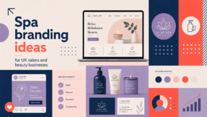 Spa branding ideas for UK salons and beauty businesses featuring a website, logo, packaging, colour palette and social media design.
