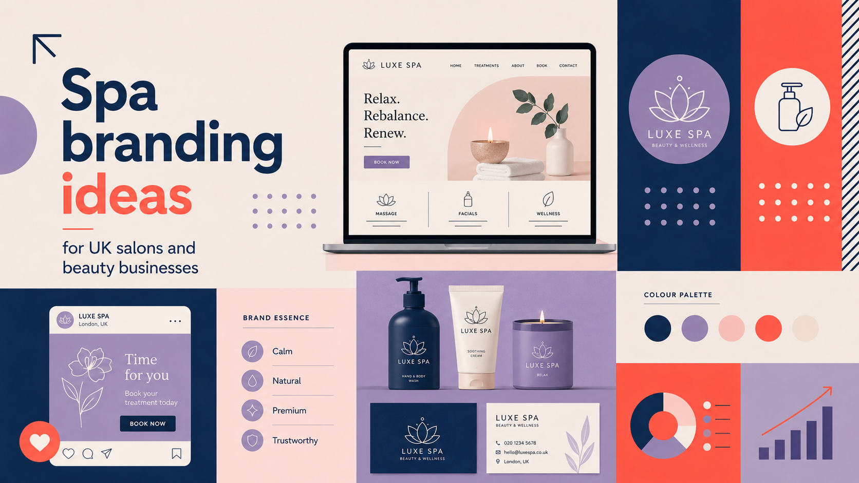 Spa branding ideas for UK salons and beauty businesses featuring a website, logo, packaging, colour palette and social media design.