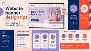 Website banner design tips for ecommerce covering banner sizes, clear messaging, mobile responsiveness, calls to action and conversion.
