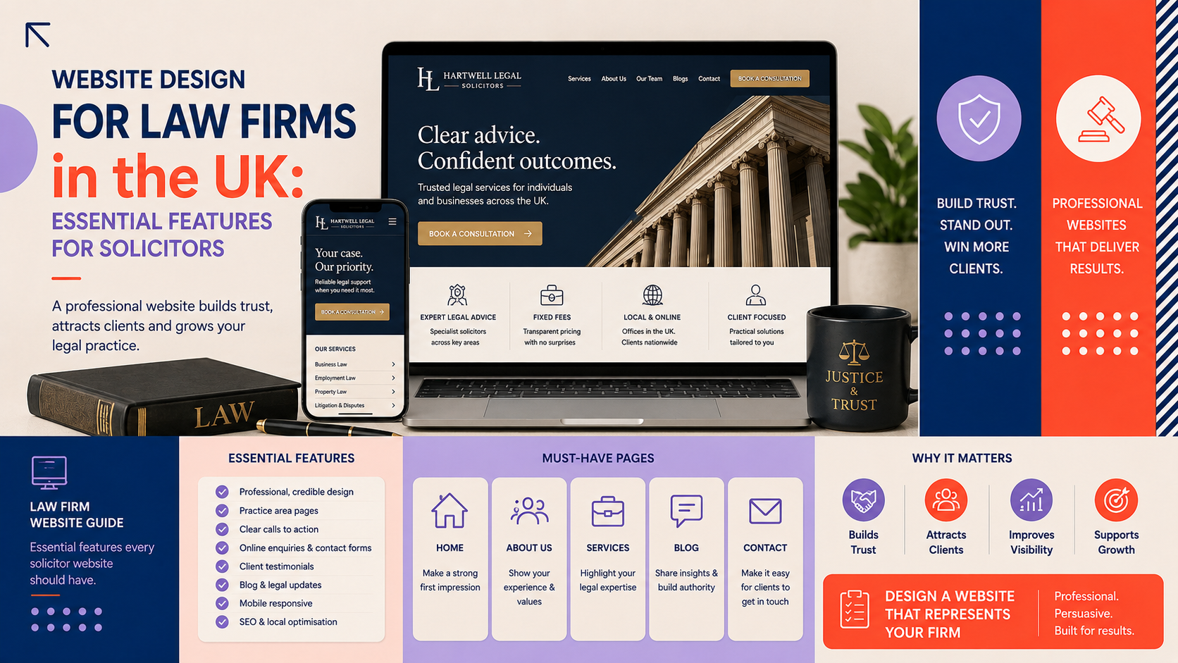 Website design guide for UK law firms showing essential features for solicitors, including trust-building design, key pages, contact options and client-focused website elements.