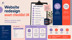 Website redesign asset checklist for UK businesses covering brand files, website copy, images, logins, hosting access, analytics, SEO and redirects.