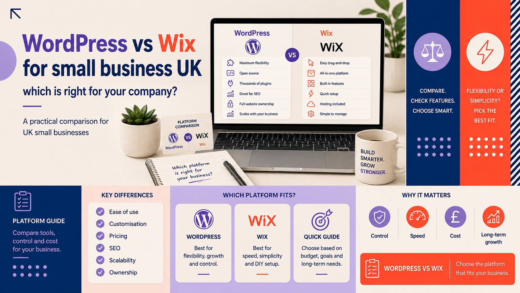 WordPress vs Wix comparison for UK small businesses covering ease of use, customisation, pricing, SEO, scalability and ownership.