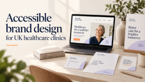 Accessible brand design for UK healthcare clinics showing a clinic website, printed materials, and patient-friendly branding.