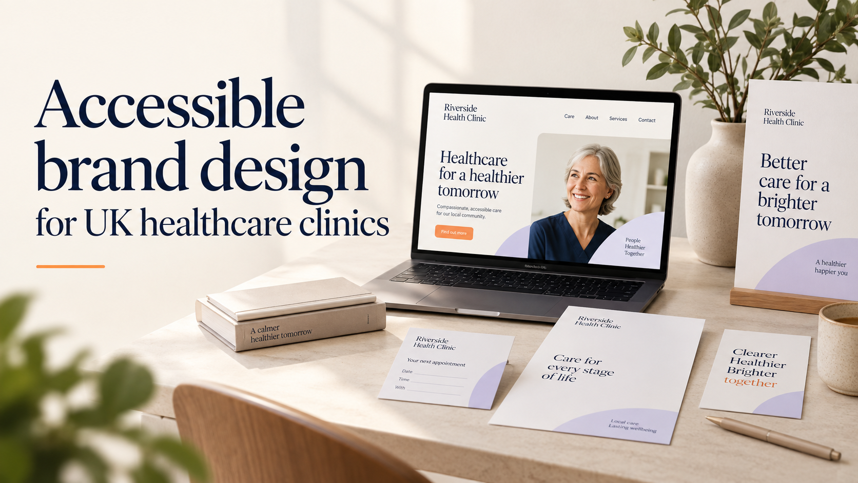 Accessible brand design for UK healthcare clinics showing a clinic website, printed materials, and patient-friendly branding.