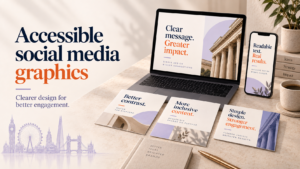 Accessible social media graphics featured image showing readable post designs on laptop and mobile screens.