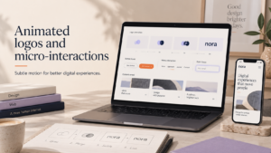 Desktop and mobile screens showing animated logo concepts and micro-interactions in a clean modern workspace.