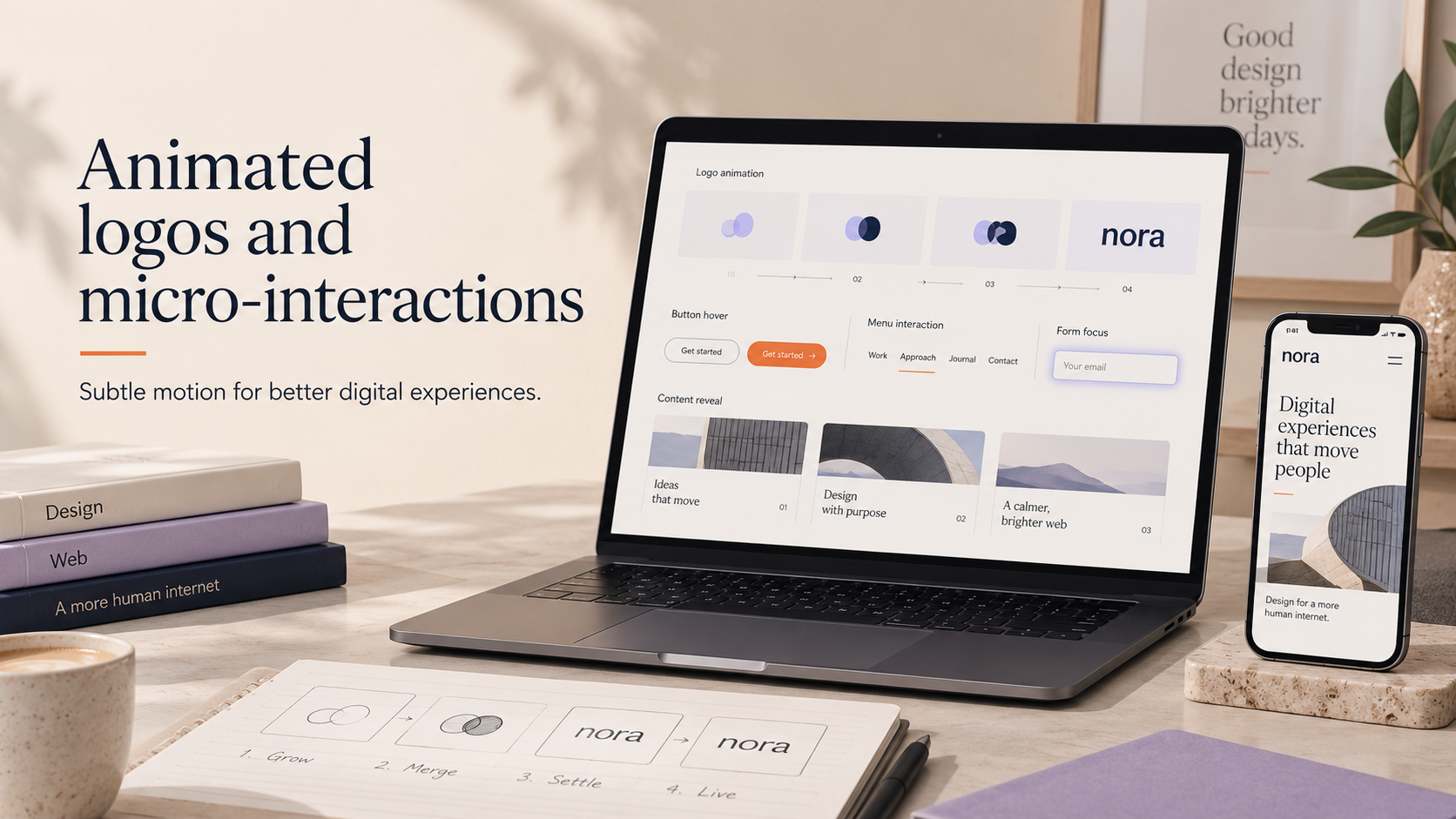 Desktop and mobile screens showing animated logo concepts and micro-interactions in a clean modern workspace.