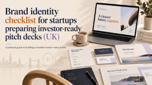 Brand identity checklist and investor-ready pitch deck branding materials for UK startups displayed on a desk with laptop and brand guide.