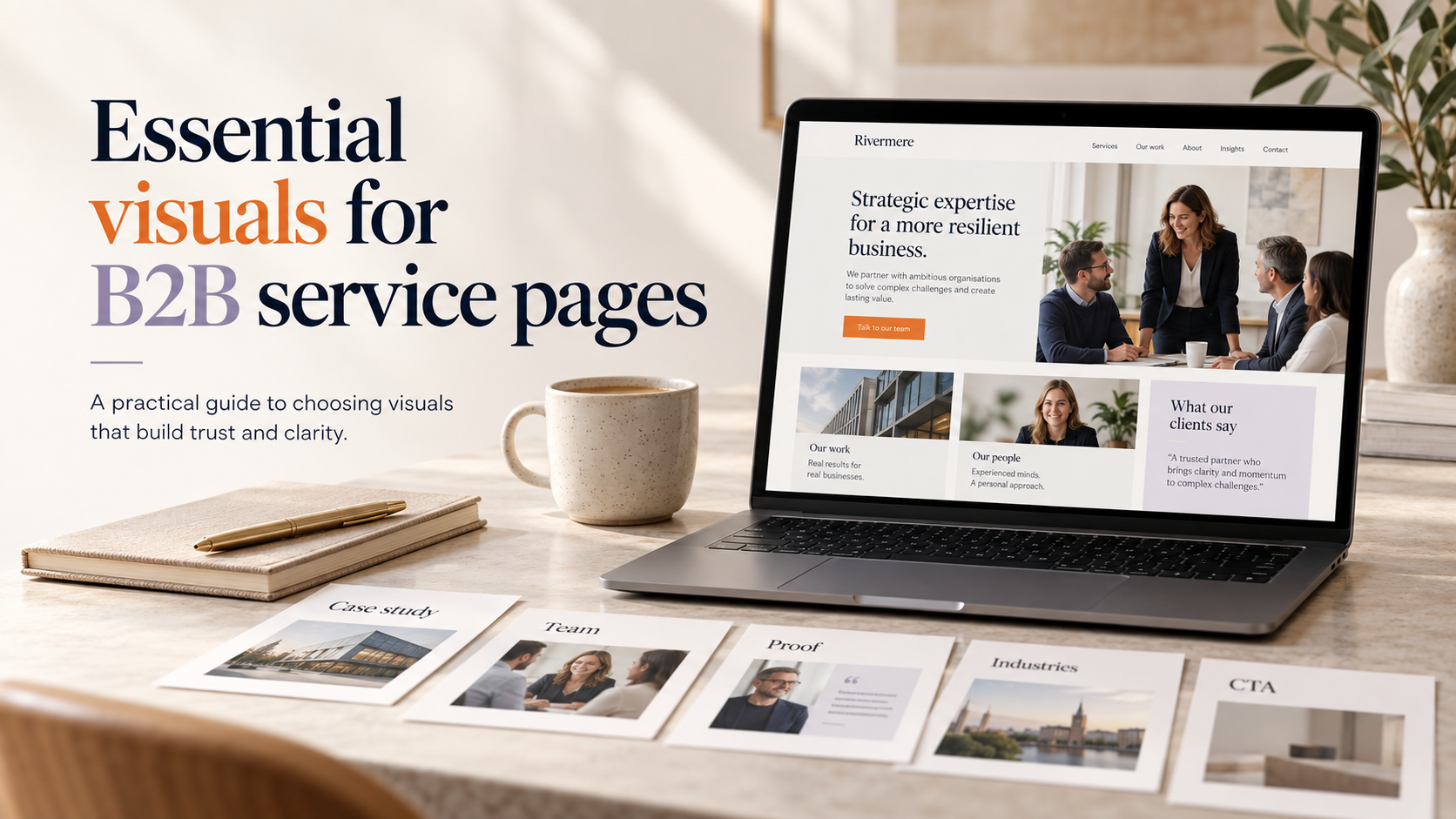 Featured image showing a laptop with a B2B service page design and supporting visual cards for case study, team, proof, industries, and CTA.
