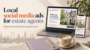 Local social media ads for estate agents shown on laptop and mobile mockups with UK property marketing theme.