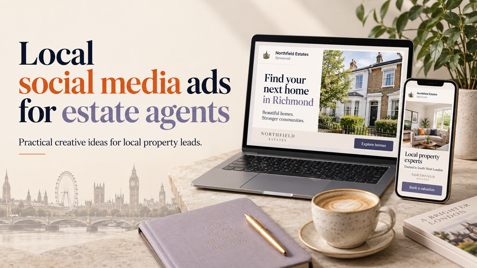 Local social media ads for estate agents shown on laptop and mobile mockups with UK property marketing theme.
