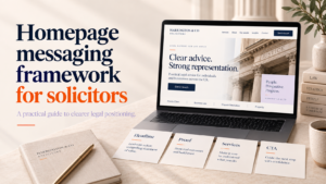 Homepage messaging framework for UK solicitors shown with a law firm website and messaging cards for headline, proof, services and CTA.