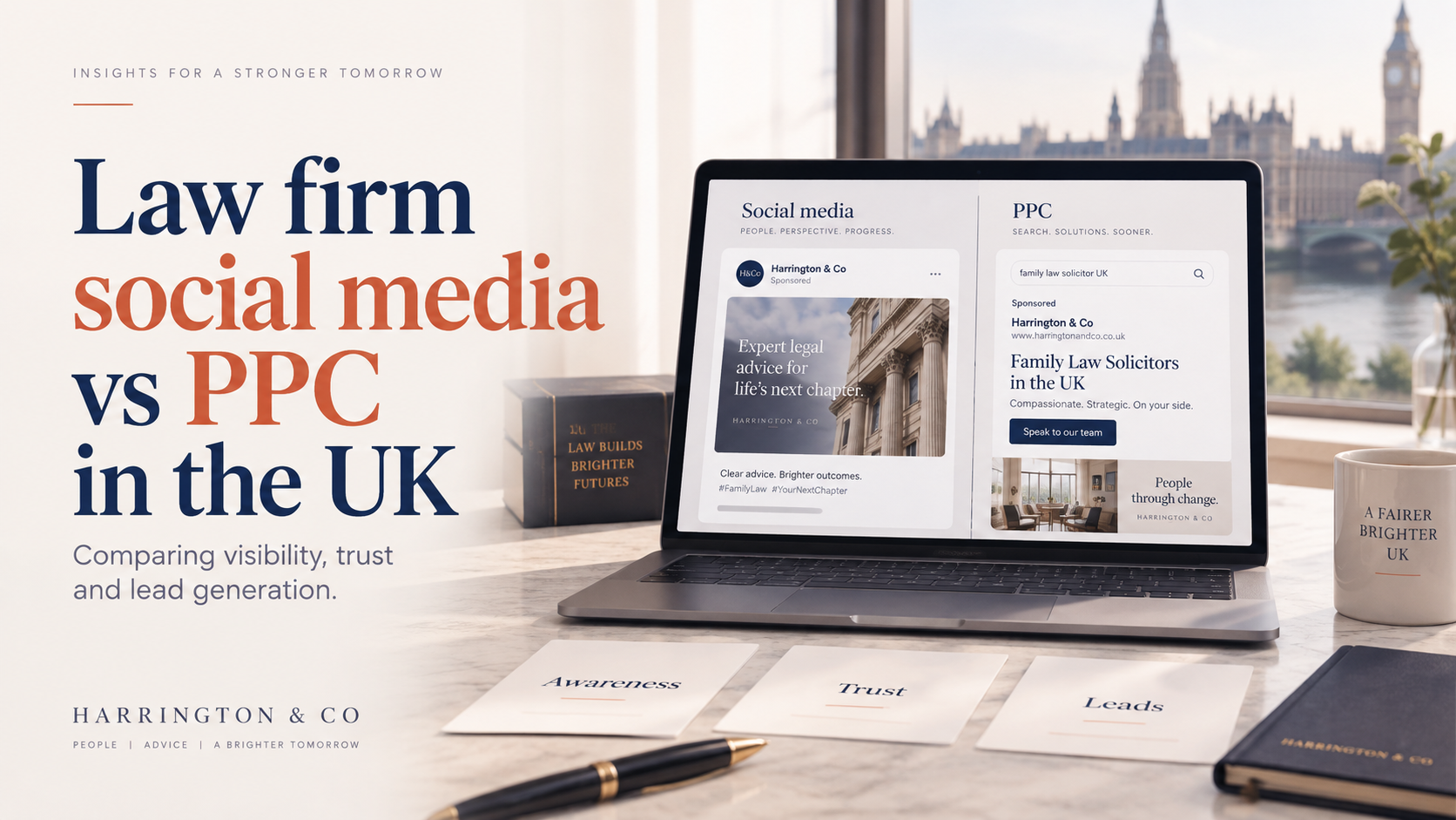 Laptop screen comparing social media and PPC marketing strategies for UK law firms with law firm branding and a London backdrop.
