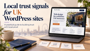 UK WordPress website showing local trust signals including reviews, local proof, service areas, and contact information.