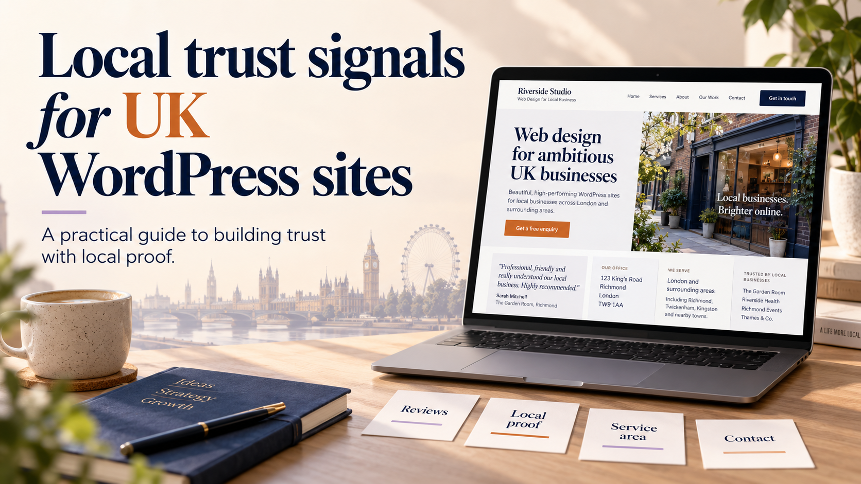 UK WordPress website showing local trust signals including reviews, local proof, service areas, and contact information.