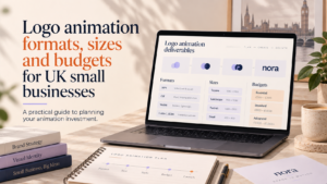 Logo animation formats, sizes and budget options for UK small businesses shown on a laptop with animation deliverables and planning notes.