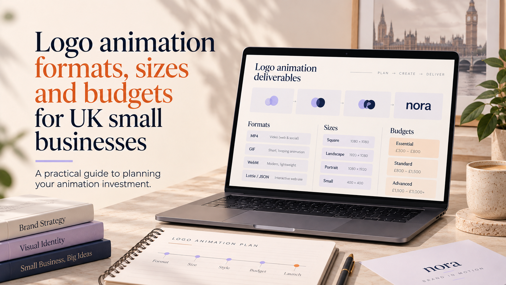 Logo animation formats, sizes and budget options for UK small businesses shown on a laptop with animation deliverables and planning notes.