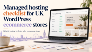 Managed hosting checklist for UK WordPress ecommerce stores showing uptime, backups, support, speed, security, and store performance.