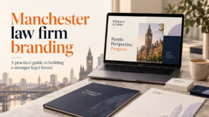 Manchester law firm branding featured image with law firm website mockup, branded stationery, and Manchester skyline background.