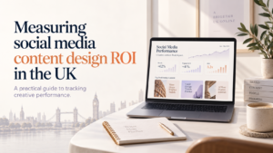 Laptop showing a social media performance dashboard with reach, engagement, and ROI metrics for a UK content design article.