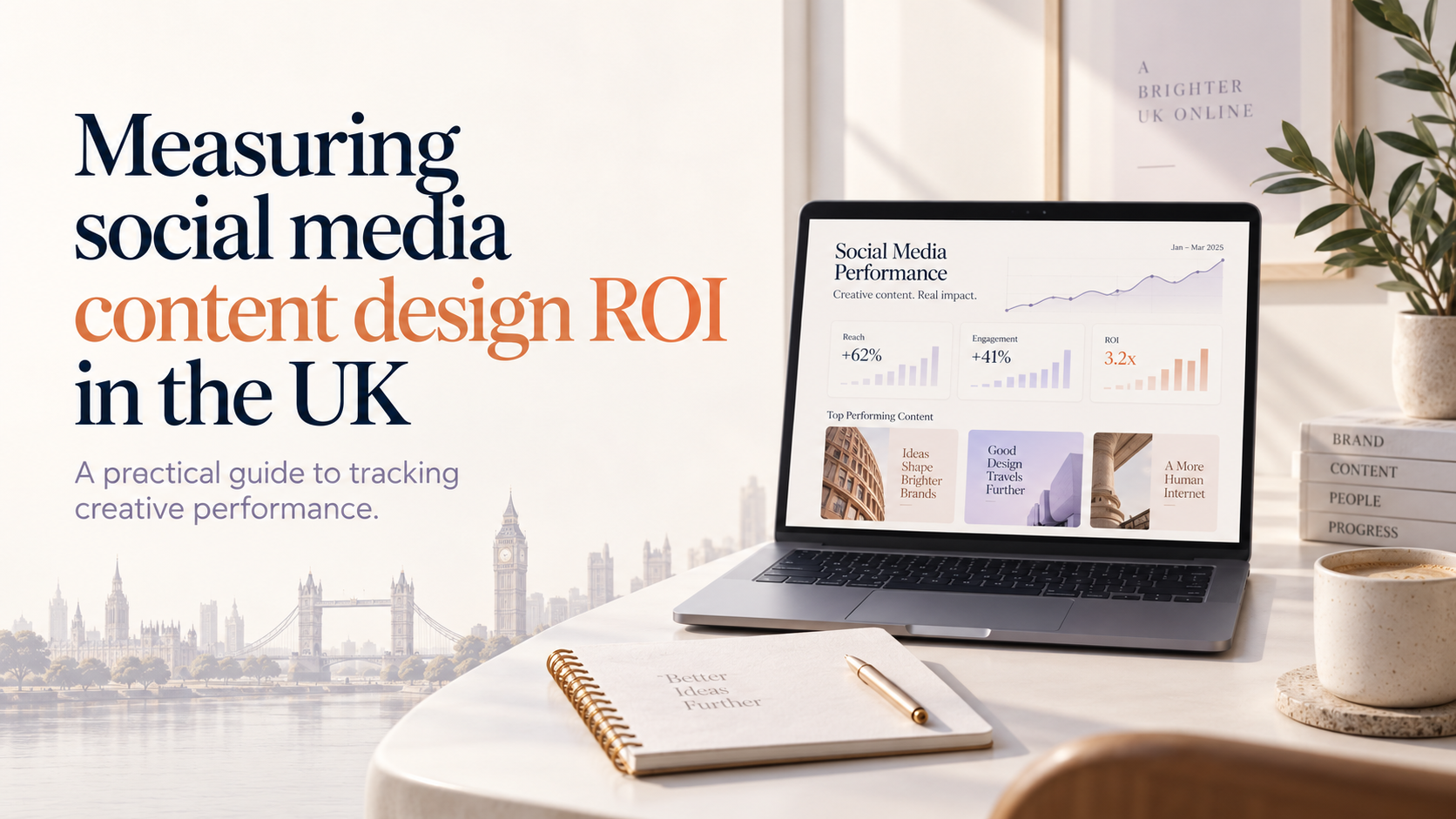 Laptop showing a social media performance dashboard with reach, engagement, and ROI metrics for a UK content design article.