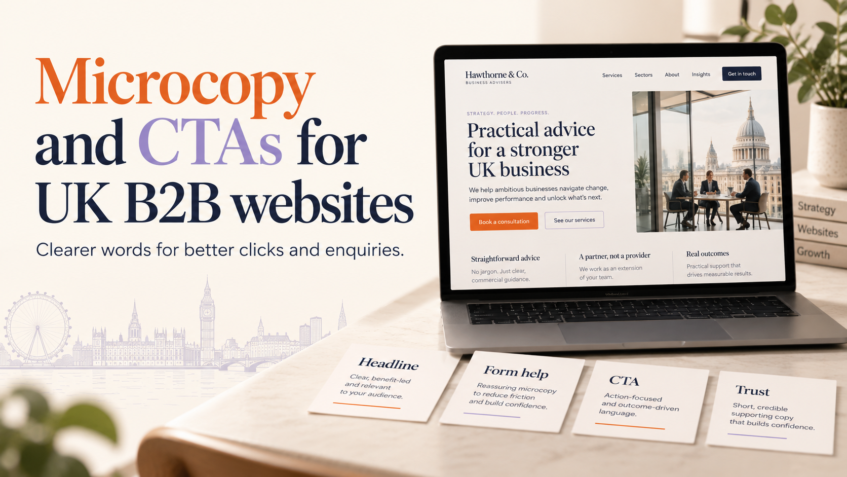 UK B2B website showing microcopy and CTA examples for headlines, forms, trust messaging, and enquiries.
