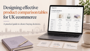 Product comparison table for UK ecommerce shown on a laptop with products, prices, delivery, returns, and ratings.