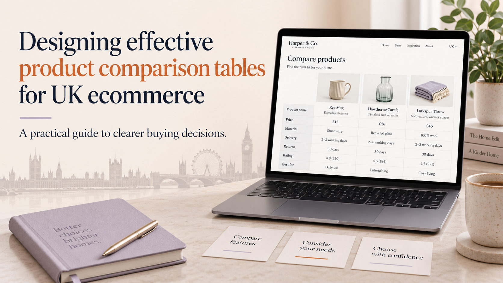 Product comparison table for UK ecommerce shown on a laptop with products, prices, delivery, returns, and ratings.