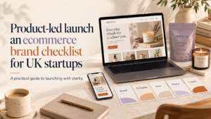 Product-led ecommerce brand checklist for UK startups showing branded products, ecommerce website, mobile store, packaging, photography, and launch planning.