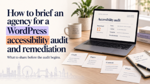 WordPress accessibility audit and remediation brief shown on a laptop with planning cards for goals, pages, content, and fixes.