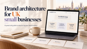 Brand architecture for UK small businesses featured image with laptop showing a brand structure diagram
