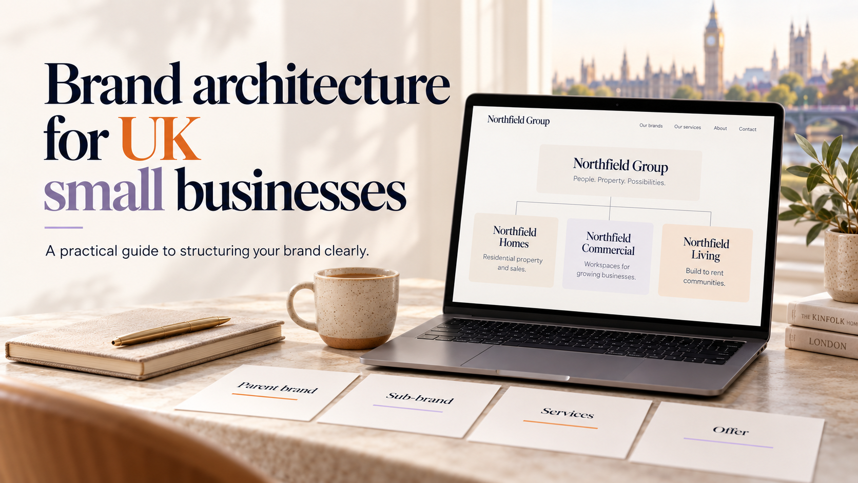 Brand architecture for UK small businesses featured image with laptop showing a brand structure diagram