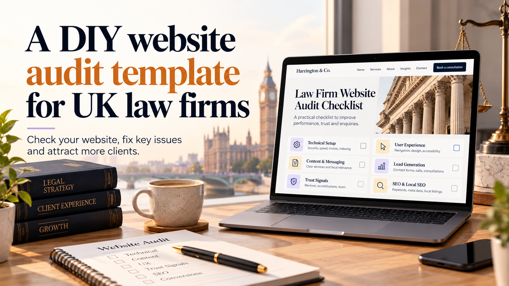 DIY website audit template for UK law firms showing a laptop with a legal website checklist covering technical setup, content, UX, trust, lead generation, and SEO.