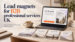 Lead magnets for UK B2B professional services showing a guide download page with guide, checklist, case study, and template examples.
