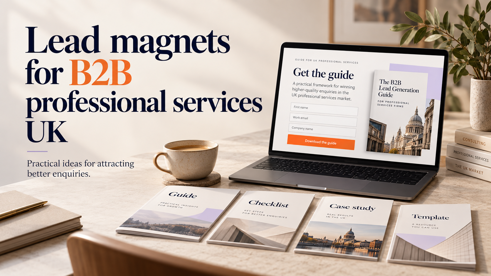 Lead magnets for UK B2B professional services showing a guide download page with guide, checklist, case study, and template examples.